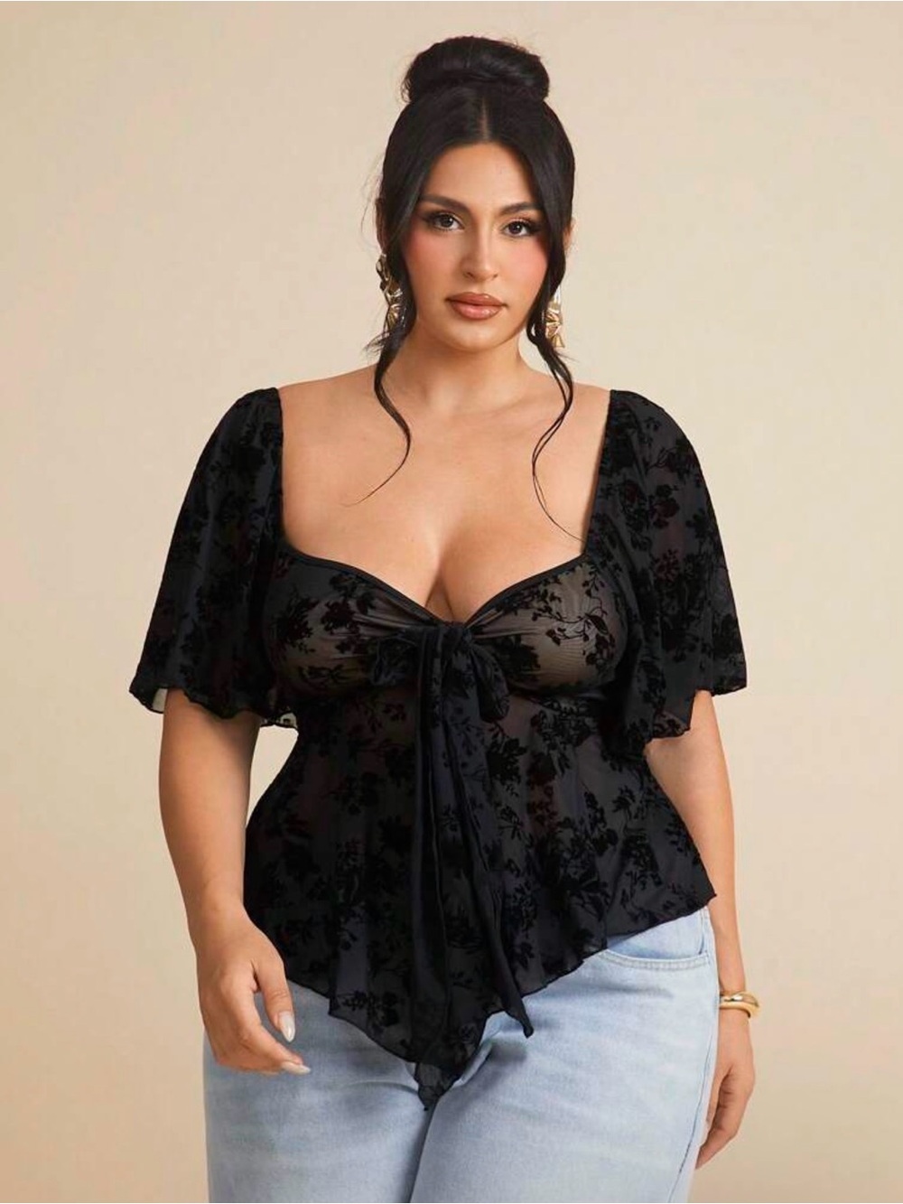 SHEINCurve+ Black Velvet Floral Burnout Tie-Front Square Neck Blouse